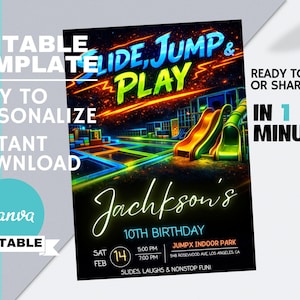 以下が含まれることがあります： 「Slide, Jump & Play」と「Jackson's 10th Birthday」のテキストが入ったネオンをテーマにした誕生日パーティーの招待状。スライダーとトランポリンを備えたトランポリンパークのデザイン。招待状は編集可能で、すぐにダウンロードできます。