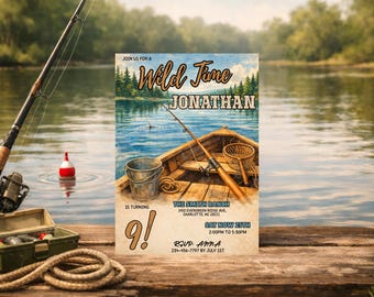 May include: An invitation for a fishing-themed birthday party. The design features a watercolor illustration of a boat on a lake with fishing gear. The text reads "Wild Time Jonathan" and includes event details.