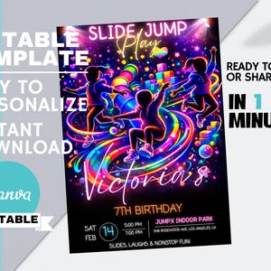 以下が含まれることがあります： 「Slide, Jump, Play」と「Victoria's 7th Birthday」のテキストが入った、鮮やかな招待状テンプレート。子供たちがジャンプして遊んでいるカラフルなイラストが特徴で、「1分で印刷または共有できます！」というテキストが入っています。