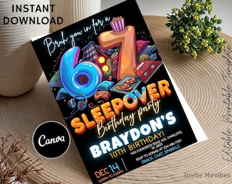 May include: A black invitation for a sleepover birthday party. The design features a large number 6 and 1, pizza, headphones, and a game controller. Text includes "Sleepover Birthday Party" and "10th Birthday!"