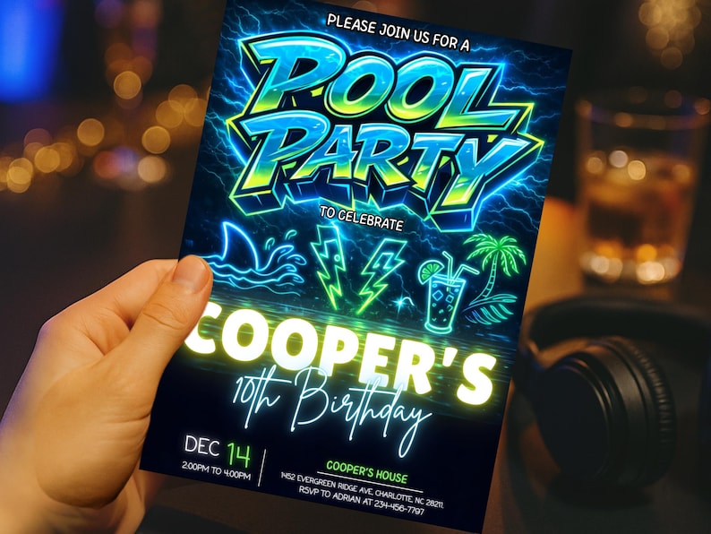 Teen Boys Pool Birthday Invitation, 10th Electric Summer Celebration ...