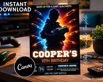 May include: A party invitation with a black background and a silhouette of a person holding a dart gun. The invitation reads "COOPER'S 10TH BIRTHDAY" with event details. The words "INSTANT DOWNLOAD" and "Canva" are also visible.