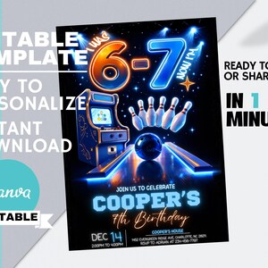 May include: A digital invitation for a 7th birthday party with a bowling theme. The design features a bowling alley scene with a glowing arcade game, bowling pins, and a bowling ball. Text includes "Cooper's 7th Birthday" and event details.