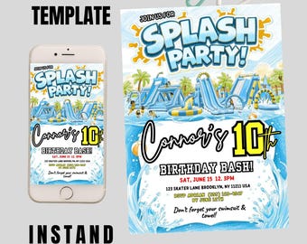 Könnte beinhalten: Eine digitale Einladungsvorlage für eine "Splash Party" Geburtstagsfeier mit einem blau-gelben Wasserpark-Design. Die Einladung enthält den Text "Connor's 10th Birthday Bash" und Veranstaltungsdetails. Die Wörter "Bearbeitbare Canva-Vorlage" und "Sofort-Download" sind ebenfalls sichtbar.