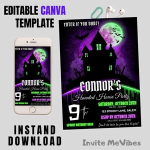 Neon Haunted House-Geburtstags-Einladung: Gruselige Halloween-Party (bearbeitbare Canva Vorlage Digitaler Download)