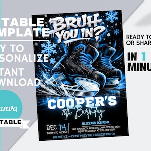 Könnte beinhalten: Einladungskarte zum Geburtstag mit Eislauf-Motiv in Schwarz und Blau. Das Design zeigt Eislaufschuhe, Schneeflocken und den Text "Bruh You In?" und "Coopers 10. Geburtstag". Die Einladung ist editierbar und druckfertig.