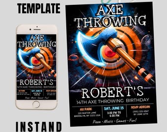 May include: A digital axe throwing party invitation template. The design features a stylized axe graphic and a target. The invitation includes event details and the text "AXE THROWING". Available for instant download.