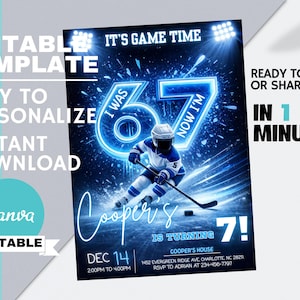 May include: A blue and black hockey-themed birthday invitation template. The design features a hockey player, the text "It's Game Time", and the words "I was 6, now I'm 7". The invitation is editable and available for instant download.