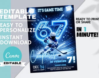 Invitación de cumpleaños de hockey sobre hielo (6-7), invitación a fiesta deportiva Six Seven, chicos adolescentes patinando sobre hielo, Canva editable, descarga digital instantánea