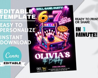 Bowling & Arcade 6-7 Meme Birthday Invitation for Girl, Six Seven Pizza Party Invite, Editable Canva, Instant Digital Download