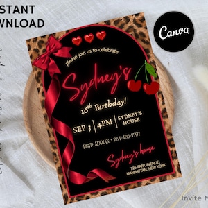 Puede incluir: Una invitación de cumpleaños negra y roja con el texto "Sydney's 16th Birthday!" y un borde con estampado de leopardo. La invitación incluye una cinta roja e ilustraciones de cerezas. El texto "Instant Download" está en la parte superior.