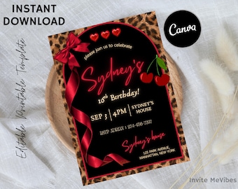 Cheetah-kersen verjaardagsuitnodiging | Glam-feestuitnodiging met rode strik |  Neon Girls Night Out, bewerkbare canvassjabloon digitale download