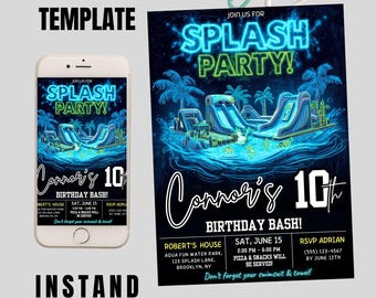 Pool Water Slide Birthday Invitation | Summer Splash Party Bash Template | Editable Canva Digital Download