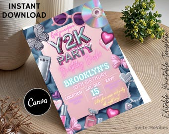May include: A pink and blue Y2K party invitation with the text "Y2K PARTY Birthday Bash!" and "BROOKLYN'S 10TH BIRTHDAY." The design includes butterflies, hearts, sunglasses, and a CD. The invitation is an instant download.