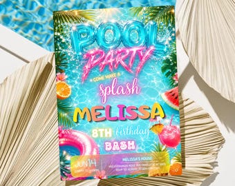 May include: A vibrant pool party invitation with the words "POOL PARTY" in blue and pink, featuring a splash design. The invitation includes the name "MELISSA" and details for an 8th birthday bash, with a colorful design and tropical elements.