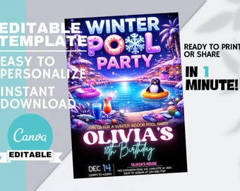 Girl Winter Pool Party Birthday Invitation, Indoor Swimming Invite, Kids Cold Season Theme Editable Canva, Instant Digital Download