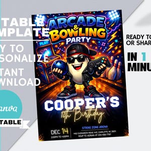 May include: A colorful invitation for an arcade and bowling party. The design features a cartoon character holding a bowling ball and a game controller. The text includes "Arcade & Bowling Party," "Cooper's 12th Birthday," and event details.