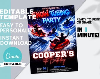 Neon Snow Tubing Birthday Invitation, Teen Boys Winter Adventure Party, BRUH YOU IN? Editable Canva, Instant Digital Download