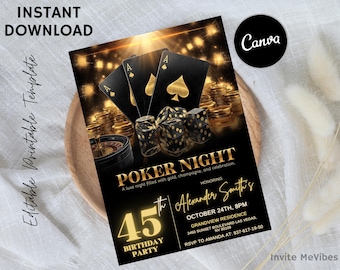 May include: Black and gold poker night invitation with playing cards, dice, and poker chips. The invitation includes the text "Poker Night" and details for a 45th birthday party, including the date, time, and location.