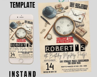 Detective Mystery Birthday Invitation, Editable Printable Mystery Party Card, Kids Escape Room Theme Clue Game Party Canva Template 5x7 ınc