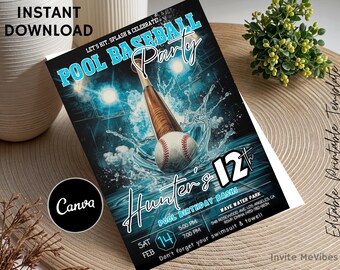 Pool Baseball Birthday Invitation, Splash Sports Party, Teens Water Bat, Pool Game Bash Invite Editable Canva Download