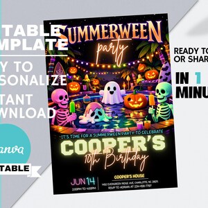 May include: A digital invitation for a Summerween party, featuring a pool scene with skeletons, ghosts, and jack-o'-lanterns. The invitation is customizable and includes the text "Cooper's 10th Birthday" and "Ready to Print or Share in 1 Minute!"