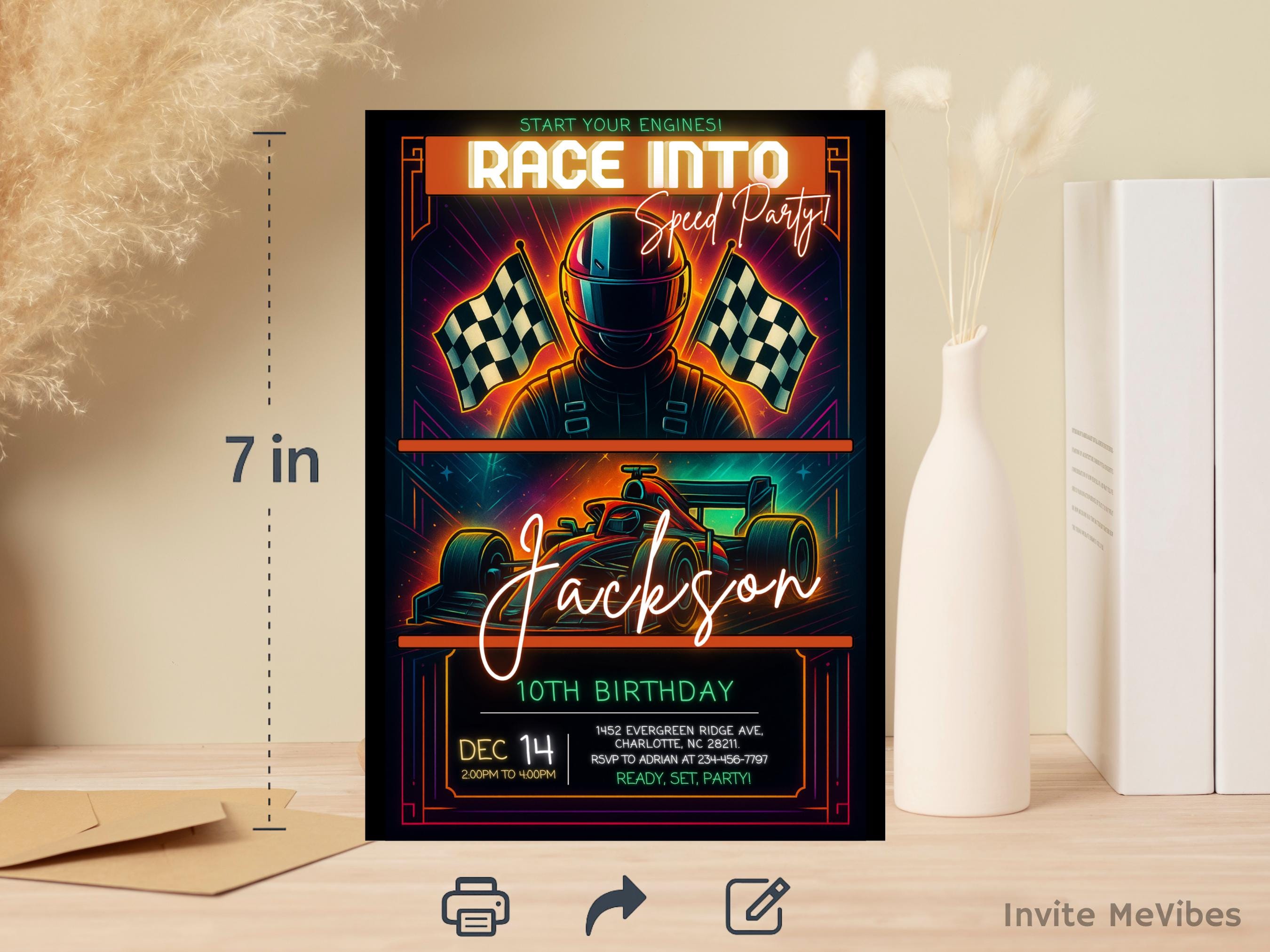 Motor Racing Theme Invitation Race Car Birthday Invitation for Boy, Boys Neon Speed Party, Glow ...