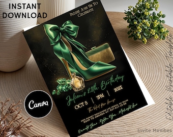 Emerald Heels Birthday Invitation, Luxe Satin Bow Glam Event, Golden Night, Editable Canva Download