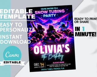 Girl Snow Tubing Birthday Invitation, Winter Adventure Party, Kids Neon Ski Tube Invite,  Editable Canva, Instant Digital Download