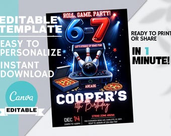 6-7 Meme Bowling & Arcade Birthday Invitation , Six Seven Pizza Party Invite, Teen Boys, Editable Canva, Instant Digital Download