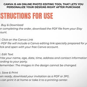 May include: Instructions for using Canva to personalize designs. The steps include buying and downloading the PDF, clicking the Canva link, editing text, and saving and printing the design. The text is in a peach color.