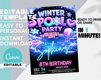 Snowy Pool Party Birthday Invitation, Girls Indoor Swimming Invite, Kids Winter Swim Theme Editable Canva, Instant Digital Download
