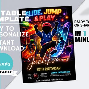 Könnte beinhalten: Eine lebendige Geburtstagseinladung mit dem Text "SLIDE, JUMP & PLAY". Das Design zeigt ein Kind, das auf einem farbenfrohen Indoor-Spielplatz springt. Die Einladung ist editierbar und sofort zum Download verfügbar.