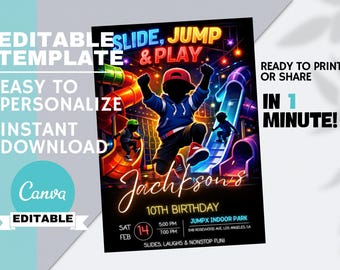 May include: A vibrant birthday party invitation with the text "SLIDE, JUMP & PLAY". The design features a child jumping on a colorful indoor playground. The invitation is editable and available for instant download.