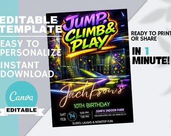 May include: A black and neon green party invitation template with the words "Jump, Climb & Play" in a neon font. The invitation is for Jackson's 10th birthday at JumpX Indoor Park.