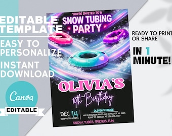 Snow Tubing Birthday Invitation, Teen Girls Winter Adventure Party, Neon Ski Tube Invite, Editable Canva, Instant Digital Download