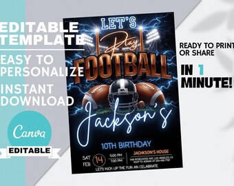 American Sports Geburtstagseinladung, Football Game Night Event, Teen Boys Party Thema bearbeitbare Canva Vorlage, sofortiger digitaler Download