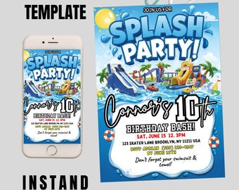 Könnte beinhalten: Eine blau-weiße Einladung für eine "Splash Party" Geburtstagsfeier mit Wasserrutschen und sonnigem Himmel. Die Einladung enthält die Veranstaltungsdetails und ist als bearbeitbare Canva-Vorlage verfügbar.
