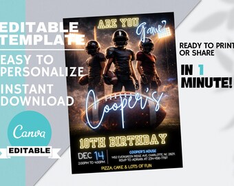 Football Stadion Geburtstagseinladung, American Sports Party Night, Teen Boys Thema bearbeitbare Canva-Vorlage, sofortiger digitaler Download