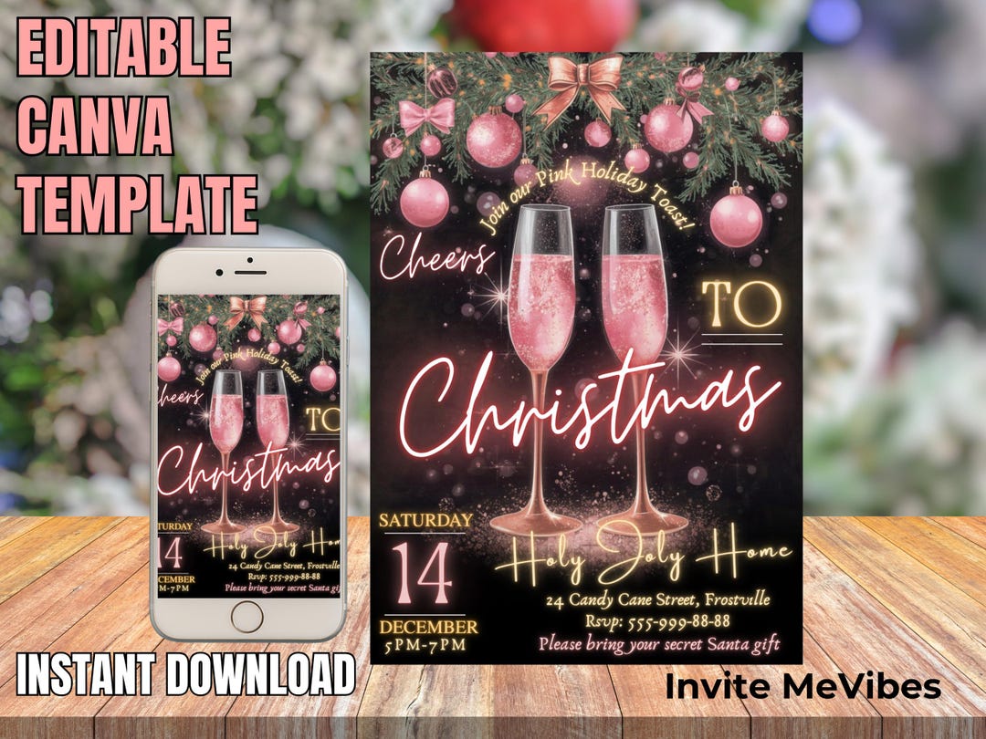 Pink Christmas Party Invitation Elegant Holiday Toast (editable Canva