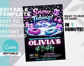 Editable Snow Tubing Birthday Invitation for Girls, Winter Adventure Party, Kids Neon Ski Tube Invite, Canva, Instant Digital Download