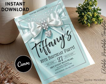 May include: A light blue invitation for Tiffany's 16th birthday party. The design features a white satin bow with a jeweled centerpiece and a heart-shaped pendant. The text includes the party details and the words "Instant Download" and "Canva".