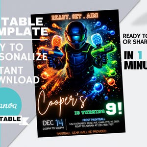 Peut inclure: Une invitation numérique pour une fête d'anniversaire sur le thème du paintball. Le design présente un joueur de paintball futuriste avec deux pistolets, entouré d'éclats d'énergie colorés. L'invitation comprend le texte "Ready, Set, Aim!" et "Cooper's is turning 9!"