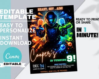 May include: A digital invitation for a paintball-themed birthday party. The design features a futuristic paintball player with two guns, surrounded by colorful energy bursts. The invitation includes the text "Ready, Set, Aim!" and "Cooper's is turning 9!"