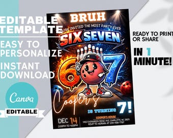 6–7 Meme Bowling Birthday Invitation , Six Seven Sports Party Invite, Gamer Teen Boys, Editable Canva, Instant Digital Download