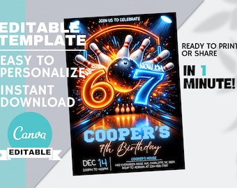 6–7 Meme Bowling Birthday Invitation , Six Seven Sports Party Invite, Gamer Teen Boys, Editable Canva, Instant Digital Download