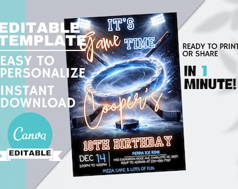 Hockey Night Birthday Invitation, Ice Arena Neon Sports Party, Teen Boys Theme Editable Canva Template, Instant Digital Download