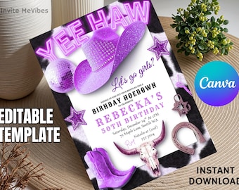 Purple Cowgirl Birthday Invitation, Western Disco Hoedown Party, Yeehaw Boots Invite, Editable Canva Template Digital Download
