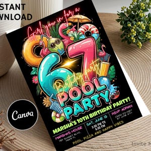 Op de afbeelding: Een kleurrijke zwembadfeestuitnodiging met de tekst "Girl you in for a Birthday party!" en "Pool Party". De uitnodiging bevat de tekst "Marsha's 10th Birthday Party!" en evenementdetails.