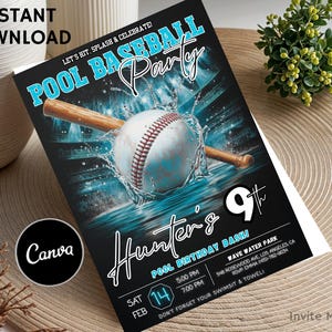 May include: Black and blue baseball party invitation with a baseball and bat in water. The invitation includes the text "Pool Baseball Party", "Hunter's 9th", and event details. The words "Instant Download" and "Canva" are also visible.
